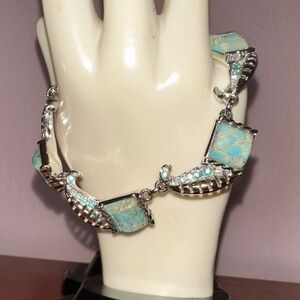 Vintage Shiny Silver & Turquoise Look Thermoset Bracelet/Rhinestone Accents